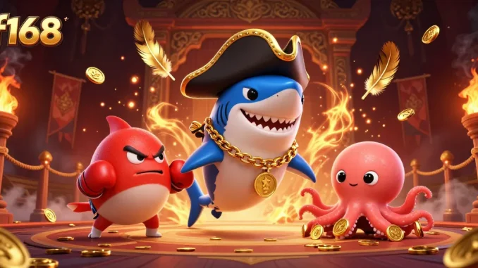 Experience thrilling gameplay with f168 as a cartoon shark, pufferfish, and octopus in vibrant casino style.