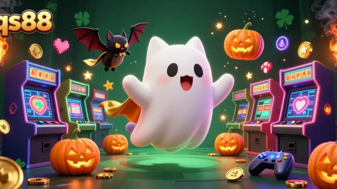 qs88 brings excitement alive with a ghost cat and glowing jack-o-lanterns in a haunted casino scene.