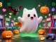 qs88 brings excitement alive with a ghost cat and glowing jack-o-lanterns in a haunted casino scene.