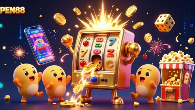 OPEN88 jackpots explode with coins from a golden slot machine, amid cheering baby slots and a popcorn machine.