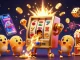 OPEN88 jackpots explode with coins from a golden slot machine, amid cheering baby slots and a popcorn machine.