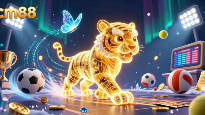 Experience thrilling bets at CM88 with a dynamic digital casino scene featuring vibrant golden tiger and sports elements.