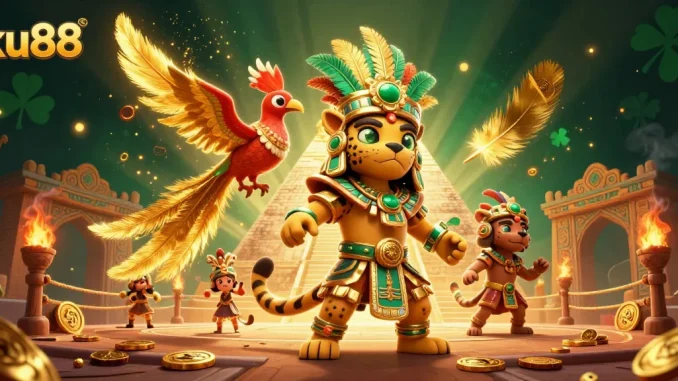 ku88 showcases a vibrant casino scene with a Mayan jaguar priest, glowing characters, and ancient elements.