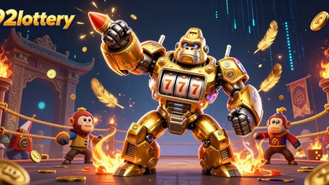 Engage with 92lottery through an exhilarating gaming experience featuring golden gorilla mechs!