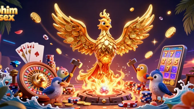 Engage with phim sex through thrilling 3D casino adventures featuring a golden phoenix and slot machine reels.