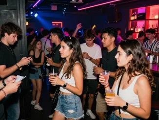 Thriving nightlife scene showcasing Club21ids novelty IDs verification at a trendy nightclub.