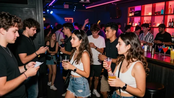 Thriving nightlife scene showcasing Club21ids novelty IDs verification at a trendy nightclub.