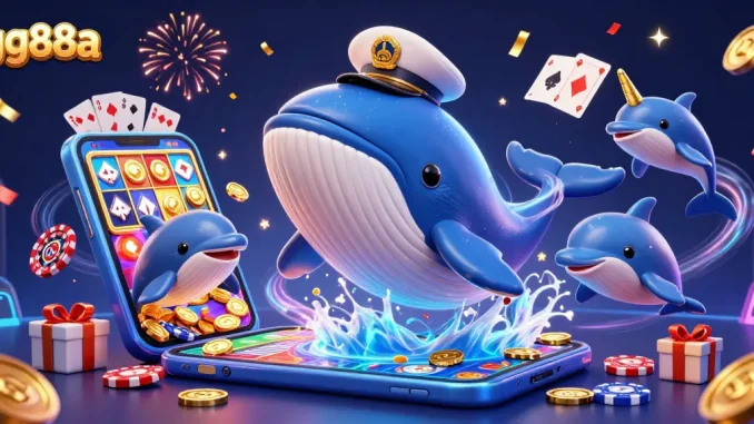 gg88a captures a vibrant casino scene with a cartoon whale showcasing the excitement of online gaming.