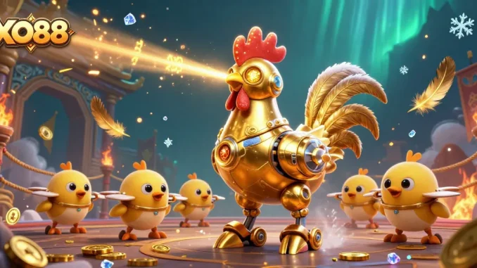 Experience thrilling gameplay at XO88 with golden rooster robot and baby chick drones in action.