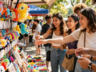 Friends exploring vibrant market with colourful custom keychains for a fun outing.