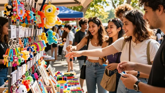 Friends exploring vibrant market with colourful custom keychains for a fun outing.