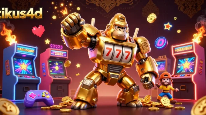 Play the thrilling tikus4d game with the exciting golden gorilla mech amid arcade action!