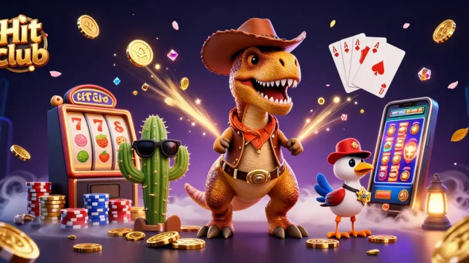Spin the reels at Hit club with a vibrant 3D T-Rex cowboy surrounded by playful gaming elements.