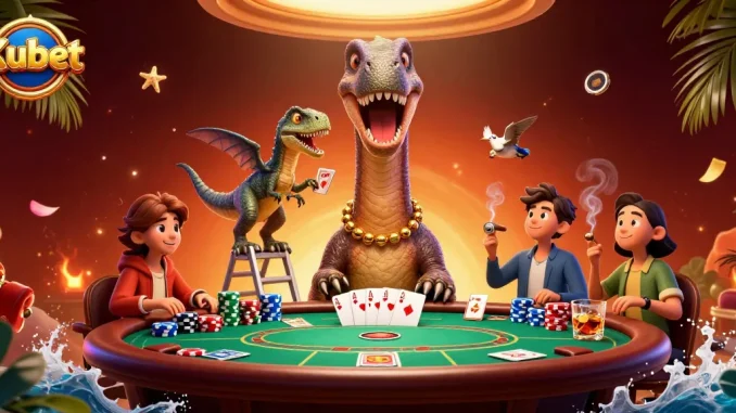 Kubet brings excitement to poker with a giant brontosaurus peering over a casino table, creating a fun atmosphere.