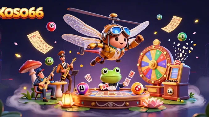 XOSO66 brings excitement with a dragonfly pilot at a lily pad casino featuring vibrant lottery elements.