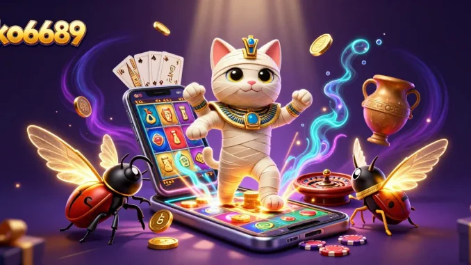 Join the excitement at ko6689 with a vibrant casino scene featuring a mummy cat and glowing scarab.