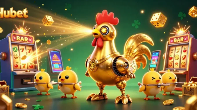 Start playing at Hubet with a retro-futuristic golden rooster robot amid a vibrant casino scene.