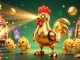 Start playing at Hubet with a retro-futuristic golden rooster robot amid a vibrant casino scene.