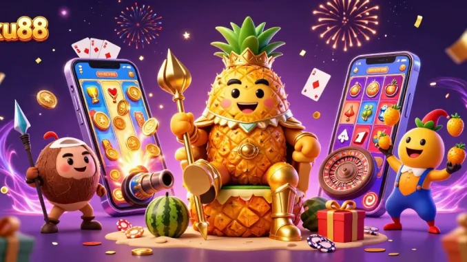 ku88 casino scene with the golden pineapple king, jester, and bodyguards in vibrant beach setting