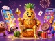 ku88 casino scene with the golden pineapple king, jester, and bodyguards in vibrant beach setting