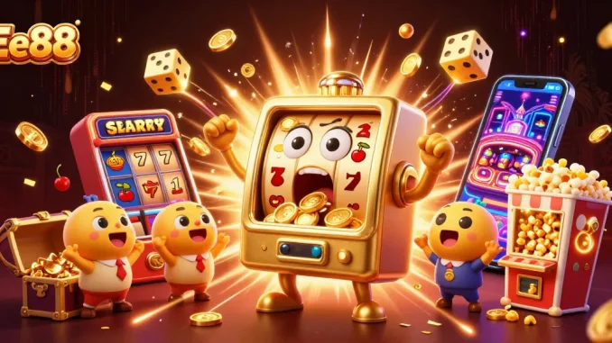 Experience the thrill of Ee88 as cartoon slot machines hit jackpots and coins pour out.