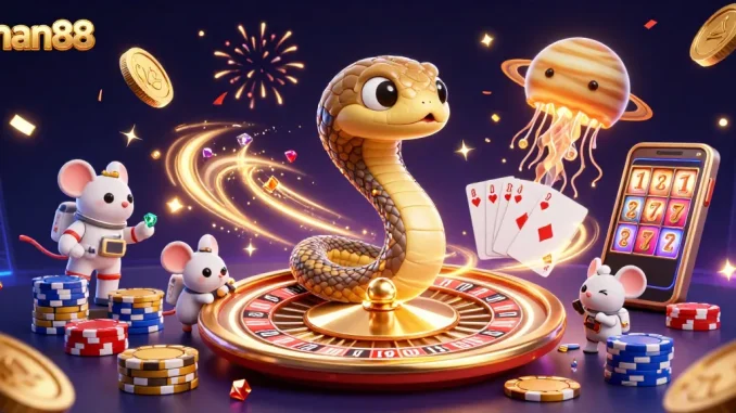 Engage with man88's interactive gaming universe as astronaut mice bet on a cosmic roulette scene.