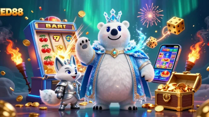 Witness the excitement of RED88 with a casino-themed fantasy featuring animated characters and vibrant game elements.