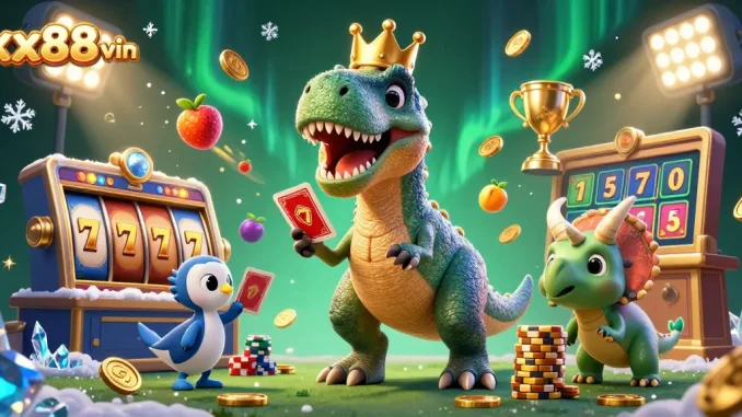 Enjoy the action with xx88 vin as charming dinosaurs play slots and shuffle cards in a vibrant casino.