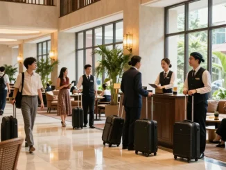 rokok88 guests enjoying The Orient Hotel's welcoming lobby experience