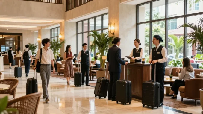 rokok88 guests enjoying The Orient Hotel's welcoming lobby experience