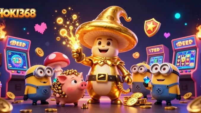 Experience the magic of HOKI368 with a lively scene of a golden mushroom wizard and treasures.