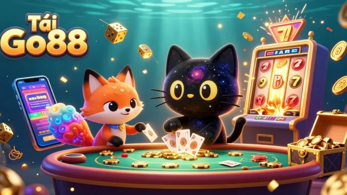 Tải Go88 features a cosmic casino scene with a black hole cat and colorful fox, surrounded by thrilling gaming elements.