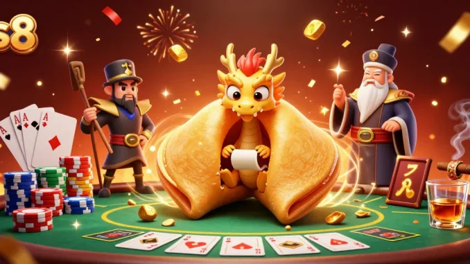 S8 players chasing wins at a vibrant casino scene with golden fortune cookie magic and dynamic poker action.