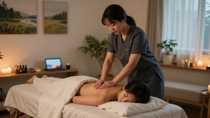 Providing 신촌출장마사지 in a calming home environment with therapist and client.