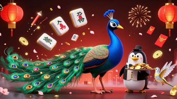 Experience thrilling live betting action with VaoroiTV featuring a peacock and butler penguin amidst festive casino elements.