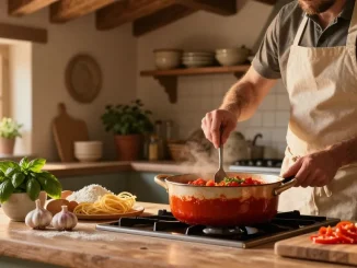Delicious Italian Food being prepared in a rustic kitchen with fresh ingredients.