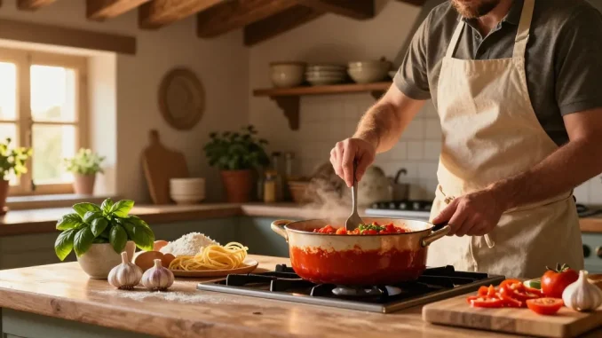 Delicious Italian Food being prepared in a rustic kitchen with fresh ingredients.