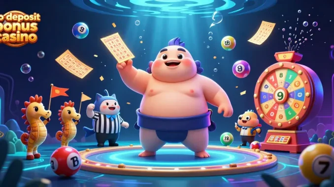 No deposit bonus casino illustration showcasing a fugu in a sumo belt in a vibrant underwater scene with lottery elements.