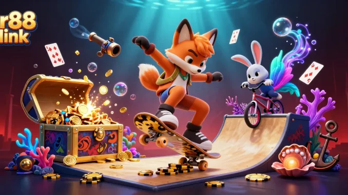 Engage with the dynamic rr88 link scene featuring cartoon characters celebrating casino excitement.