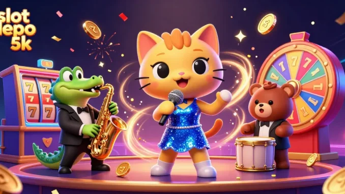 Engage in fun with slot depo 5k in this vibrant 3D casino scene featuring lively cartoon characters.