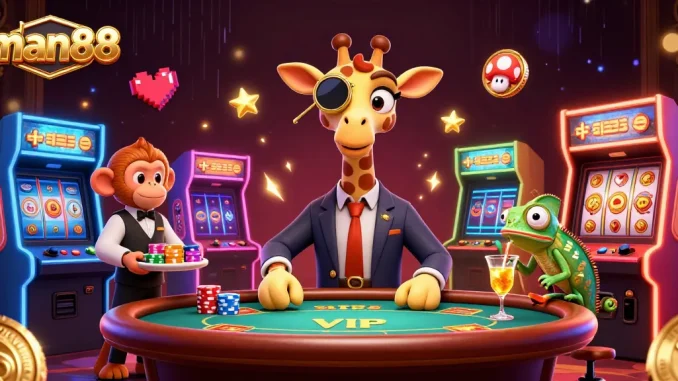 Experience thrilling gameplay at man88 with our vibrant gambling scene featuring colorful characters and games.
