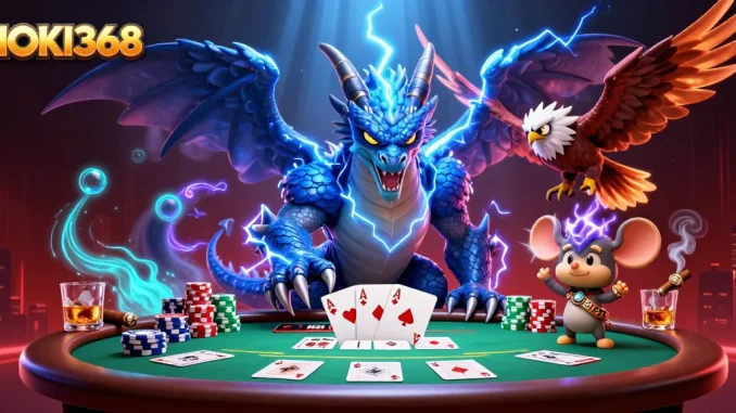 Engage with HOKI368's thrilling poker scene featuring dynamic blue lightning dragon and vibrant gaming elements.