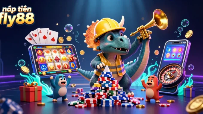 Experience thrilling gaming with nạp tiền fly88 as colorful slot games and golden coins surround joyful characters.