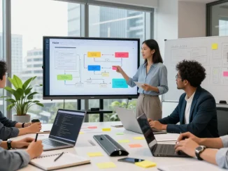 Build internal tools with AI in a collaborative office workspace showcasing diverse professionals presenting innovative solutions.