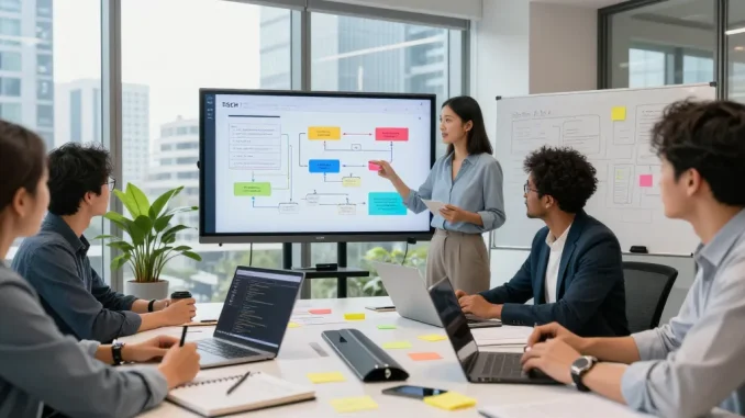 Build internal tools with AI in a collaborative office workspace showcasing diverse professionals presenting innovative solutions.