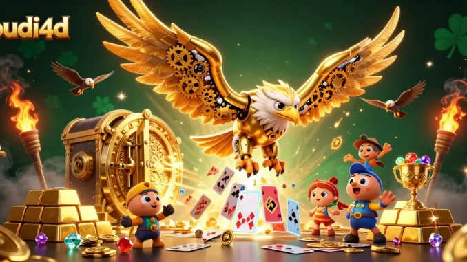 Budi4d features a golden eagle in a dramatic casino scene, diving past playing cards and treasure.