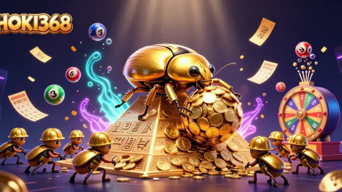 Experience HOKI368's exciting gaming world with vibrant lottery elements and golden treasures.
