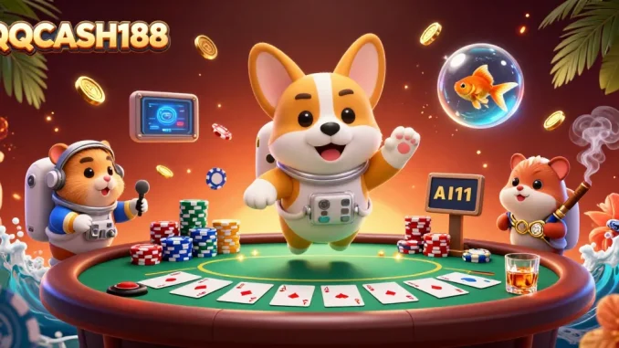 Engage with QQCASH188's vibrant casino atmosphere featuring a floating astronaut corgi and a mission-control hamster.