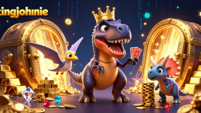 Experience the kingjohnnie excitement with vibrant casino characters and treasure elements in this captivating scene.