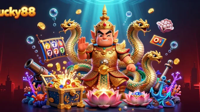 Engage with lucky88 at a vibrant online casino showcasing dynamic slot game elements.
